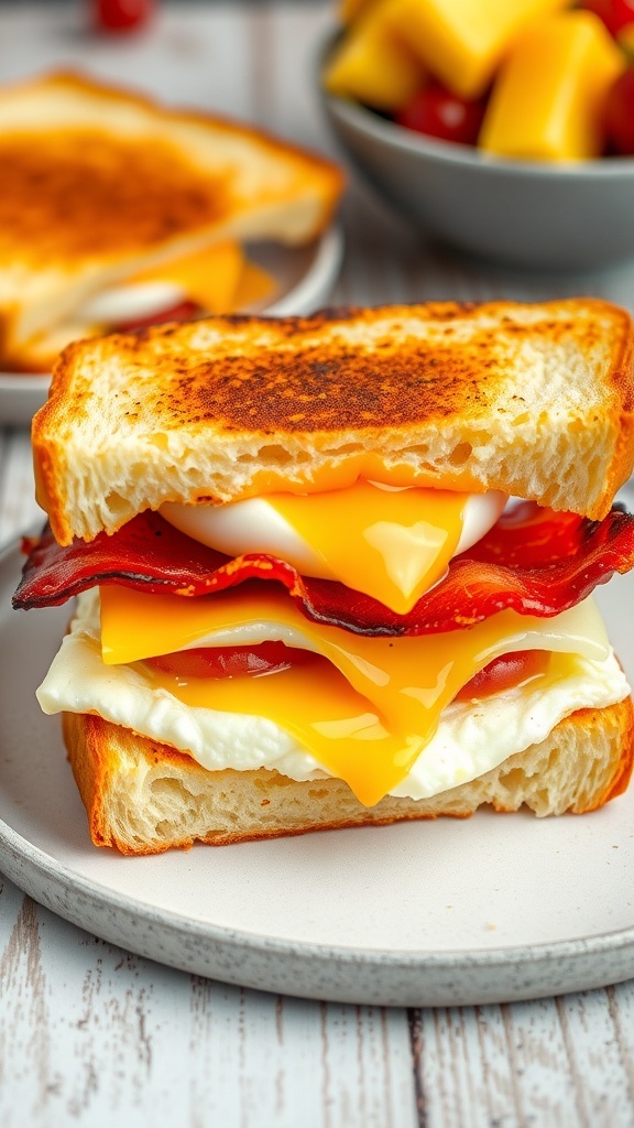 Air Fryer Bacon, Egg, and Cheese Sandwich Air fryer bacon, egg, and cheese sandwich cut in half, showing melted cheese and egg, with fruit on the side.